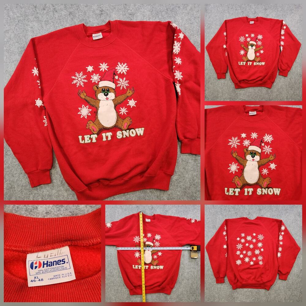 Vintage Christmas Sweatshirt Mens XL Red Let It Snow Bear‎ Snowflake USA 80s